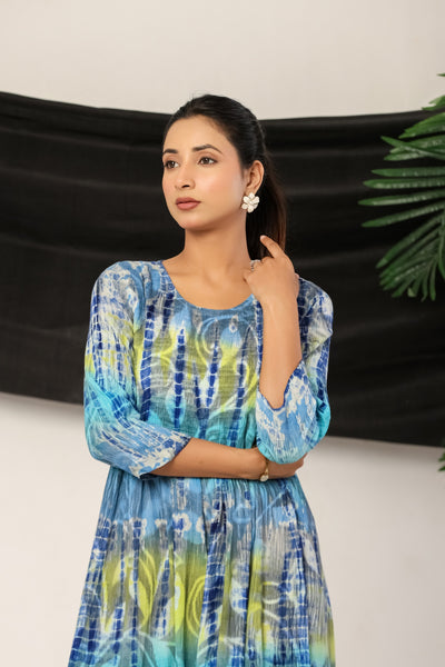 Royal Blue Tie-Dye Anarkali Kurta Tunic Dress for Women