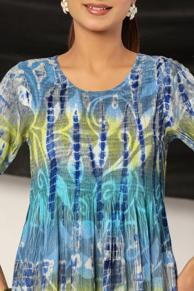 Blue Printed Flare Kurti Tunic Maxi Dress