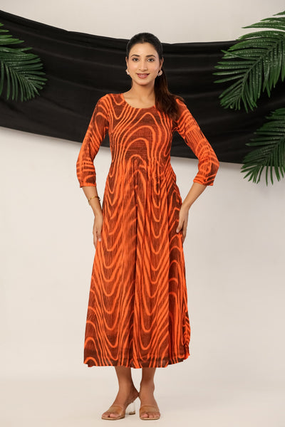 Women’s Rust Orange Rayon Maxi Dress with 3/4 Sleeves Abstract Print A-Line Dress