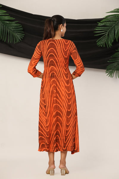 Women’s Rust Orange Rayon Maxi Dress with 3/4 Sleeves Abstract Print A-Line Dress
