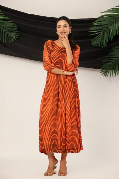 Women’s Rust Orange Rayon Maxi Dress with 3/4 Sleeves Abstract Print A-Line Dress