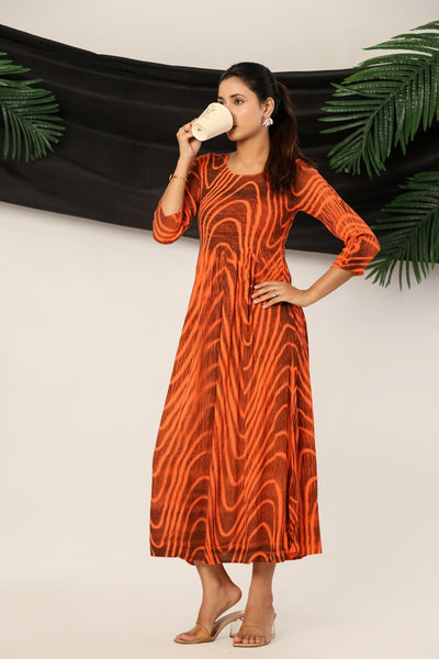 Women’s Rust Orange Rayon Maxi Dress with 3/4 Sleeves Abstract Print A-Line Dress