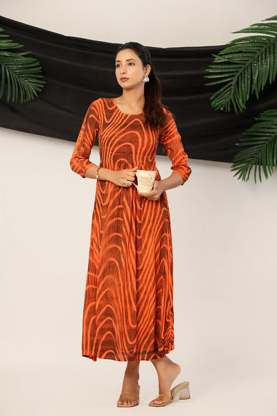 Women’s Rust Orange Rayon Maxi Dress with 3/4 Sleeves Abstract Print A-Line Dress