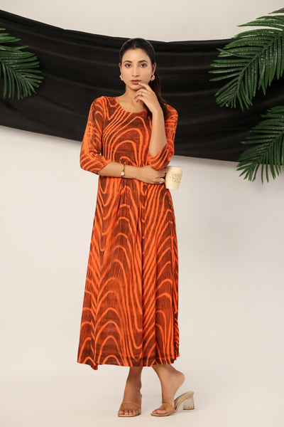 Women’s Rust Orange Rayon Maxi Dress with 3/4 Sleeves Abstract Print A-Line Dress