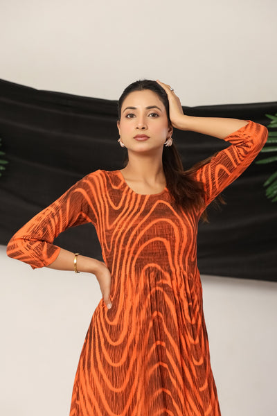Women’s Rust Orange Rayon Maxi Dress with 3/4 Sleeves Abstract Print A-Line Dress