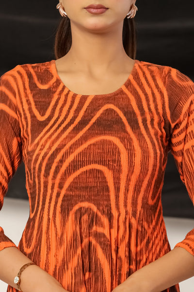 Women’s Rust Orange Rayon Maxi Dress with 3/4 Sleeves Abstract Print A-Line Dress