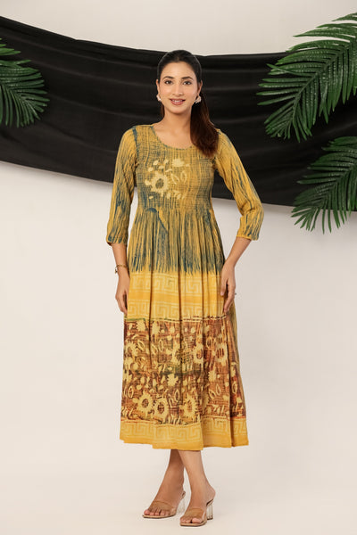 Women’s Mustard Yellow Rayon Maxi Dress with 3/4 Sleeves Printed A-Line Dress