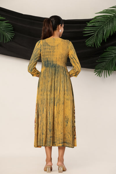 Women’s Mustard Yellow Rayon Maxi Dress with 3/4 Sleeves Printed A-Line Dress