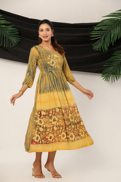 Women’s Mustard Yellow Rayon Maxi Dress with 3/4 Sleeves Printed A-Line Dress
