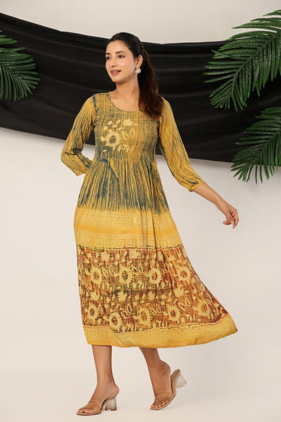 Women’s Mustard Yellow Rayon Maxi Dress with 3/4 Sleeves Printed A-Line Dress