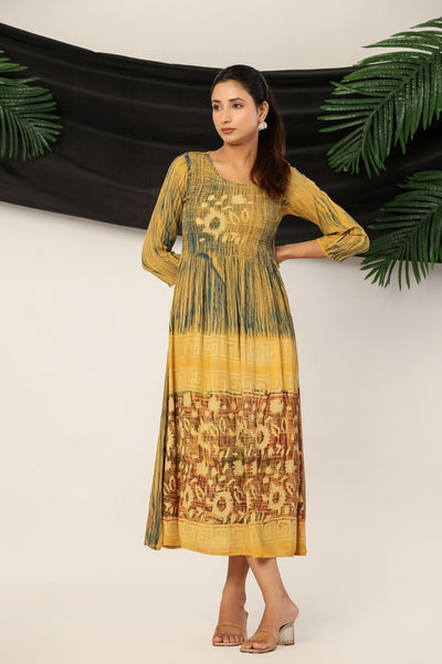 Women’s Mustard Yellow Rayon Maxi Dress with 3/4 Sleeves Printed A-Line Dress