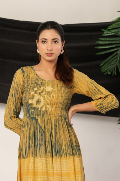 Women’s Mustard Yellow Rayon Maxi Dress with 3/4 Sleeves Printed A-Line Dress