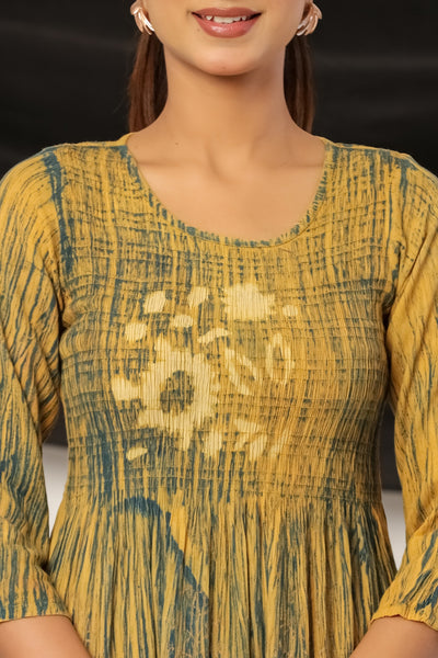 Women’s Mustard Yellow Rayon Maxi Dress with 3/4 Sleeves Printed A-Line Dress