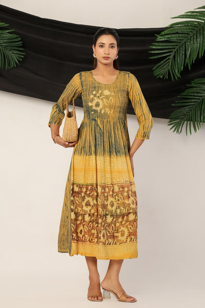 Women’s Mustard Yellow Rayon Maxi Dress with 3/4 Sleeves Printed A-Line Dress