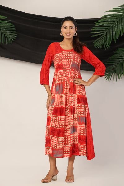 Women’s Red Rayon Maxi Dress with 3/4 Sleeves Geometric Print A-Line Dress