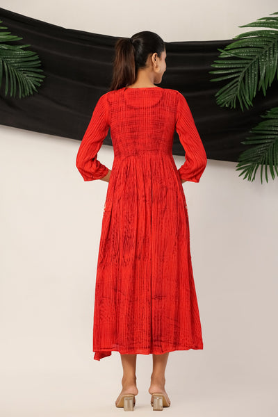 Women’s Red Rayon Maxi Dress with 3/4 Sleeves Geometric Print A-Line Dress
