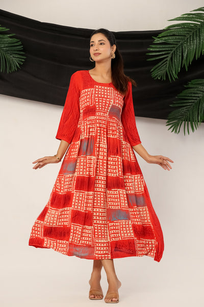 Women’s Red Rayon Maxi Dress with 3/4 Sleeves Geometric Print A-Line Dress