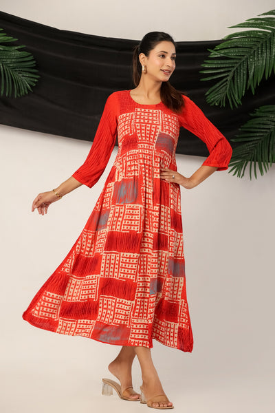 Women’s Red Rayon Maxi Dress with 3/4 Sleeves Geometric Print A-Line Dress