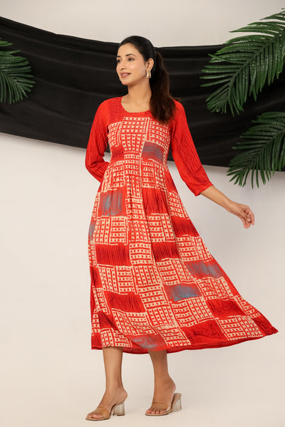 Women’s Red Rayon Maxi Dress with 3/4 Sleeves Geometric Print A-Line Dress
