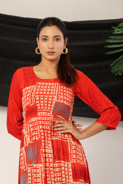Women’s Red Rayon Maxi Dress with 3/4 Sleeves Geometric Print A-Line Dress