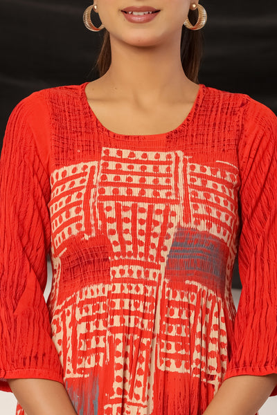 Women’s Red Rayon Maxi Dress with 3/4 Sleeves Geometric Print A-Line Dress