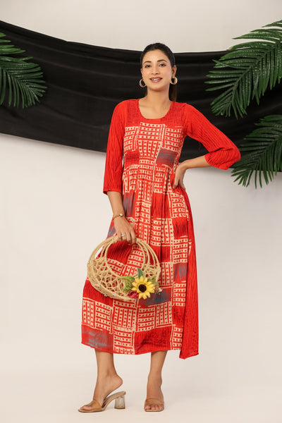 Women’s Red Rayon Maxi Dress with 3/4 Sleeves Geometric Print A-Line Dress