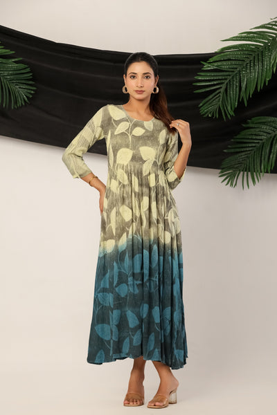 Women’s Rayon Leaf Print Maxi Dress with 3/4 Sleeves Olive & Teal