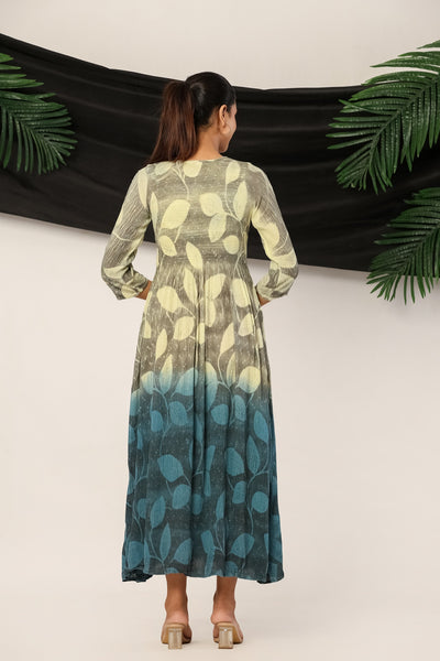 Women’s Rayon Leaf Print Maxi Dress with 3/4 Sleeves Olive & Teal