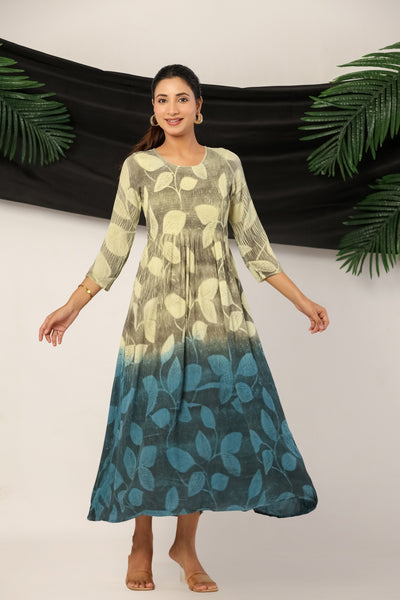Women’s Rayon Leaf Print Maxi Dress with 3/4 Sleeves Olive & Teal
