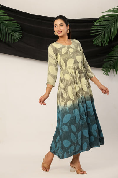 Women’s Rayon Leaf Print Maxi Dress with 3/4 Sleeves Olive & Teal