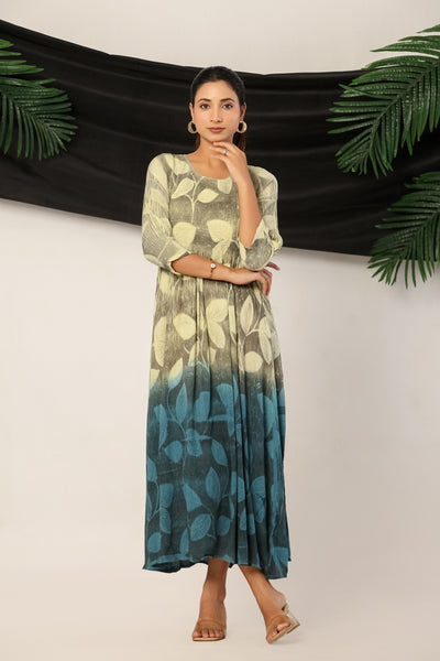Women’s Rayon Leaf Print Maxi Dress with 3/4 Sleeves Olive & Teal
