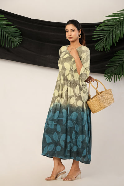 Women’s Rayon Leaf Print Maxi Dress with 3/4 Sleeves Olive & Teal