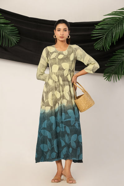 Women’s Rayon Leaf Print Maxi Dress with 3/4 Sleeves Olive & Teal