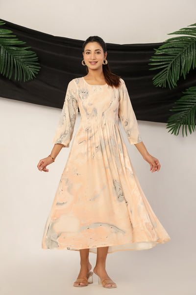 Women’s Rayon Maxi Dress with 3/4 Sleeves Peach Printed A-Line Dress