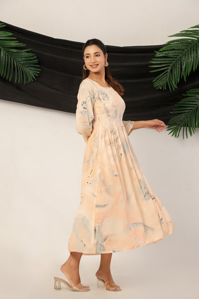 Women’s Rayon Maxi Dress with 3/4 Sleeves Peach Printed A-Line Dress