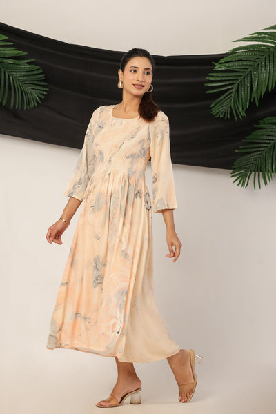 Women’s Rayon Maxi Dress with 3/4 Sleeves Peach Printed A-Line Dress