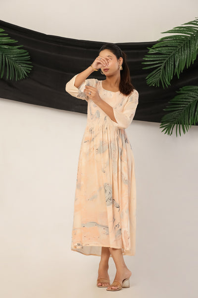 Women’s Rayon Maxi Dress with 3/4 Sleeves Peach Printed A-Line Dress
