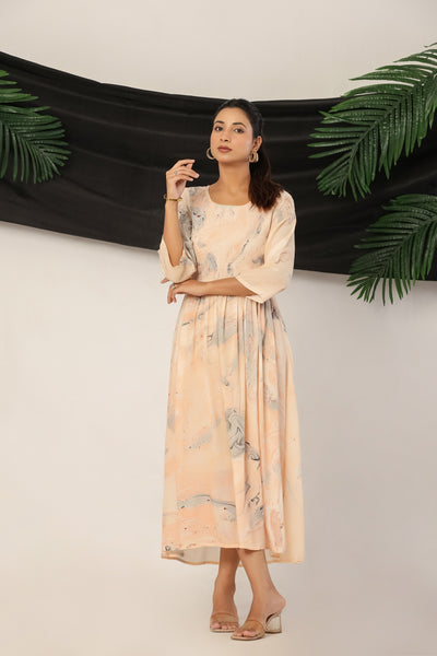 Women’s Rayon Maxi Dress with 3/4 Sleeves Peach Printed A-Line Dress