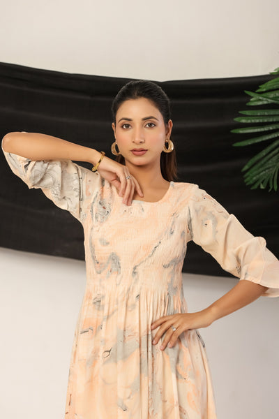 Women’s Rayon Maxi Dress with 3/4 Sleeves Peach Printed A-Line Dress
