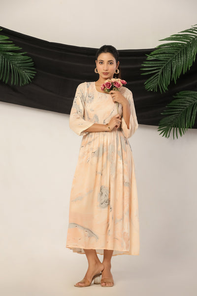 Women’s Rayon Maxi Dress with 3/4 Sleeves Peach Printed A-Line Dress
