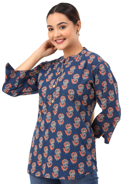 Women’s Indigo Blue Floral Printed Cotton Kurti Top – Mandarin Collar Short Tunic