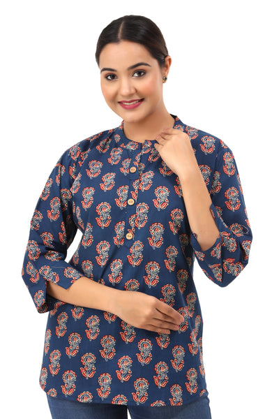 Women’s Indigo Blue Floral Printed Cotton Kurti Top – Mandarin Collar Short Tunic
