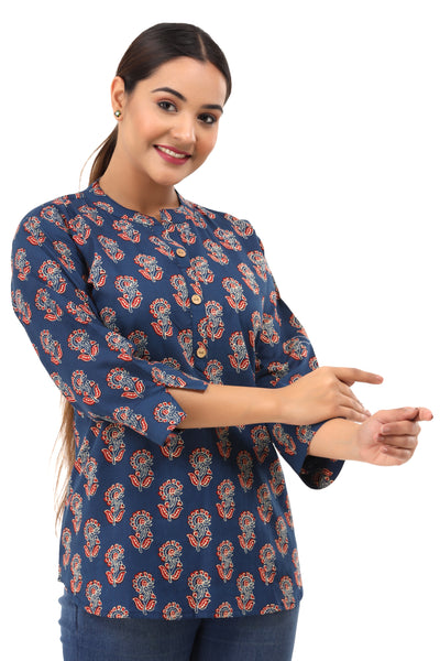 Women’s Indigo Blue Floral Printed Cotton Kurti Top – Mandarin Collar Short Tunic