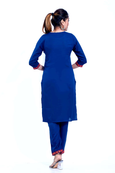 Women Blue Rayon Ethnic Embroidered Kurta with Pant