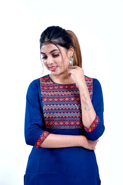 Women Blue Rayon Ethnic Embroidered Kurta with Pant