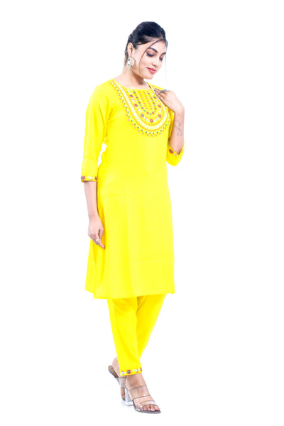 Latest Women Rayon Yellow Embroidered Straight Kurta with Pant
