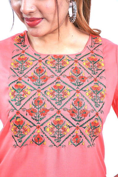Women Rayon Pink Embroidered Straight Kurta with Pant
