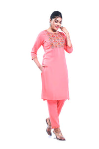 Women Rayon Pink Embroidered Straight Kurta with Pant