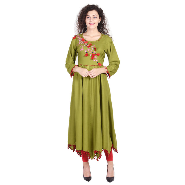 Indian Anarkali Kurtis For Women Green Dresses For Women Rayon Kurta For Women With Pom Pom Border - VIHAAN IMPEX STORE