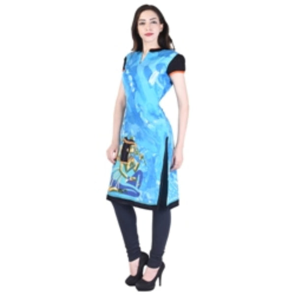 Indian Tunic Top Rayon Digital Print Women Kurta Blue Dress